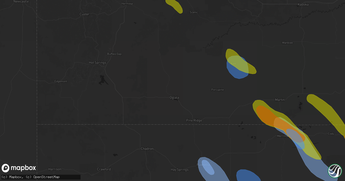 Hail map in Oglala, SD on August 16, 2026