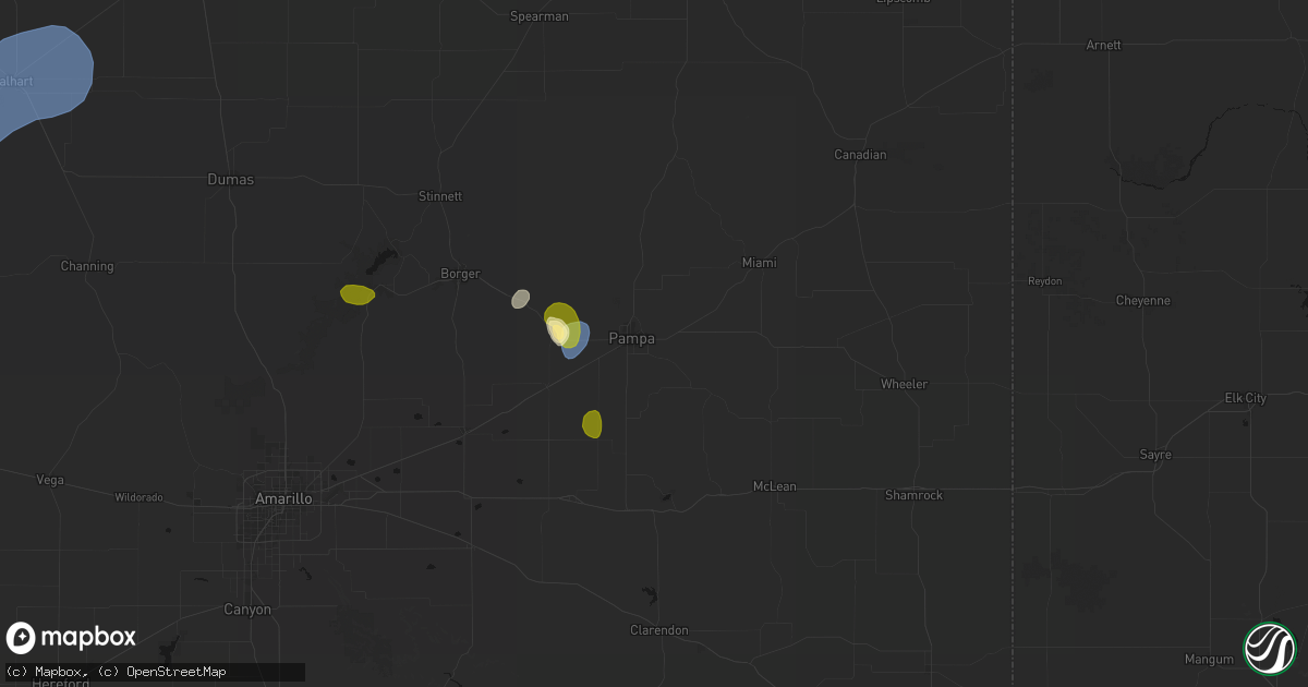 Hail map in Pampa, TX on August 16, 2026