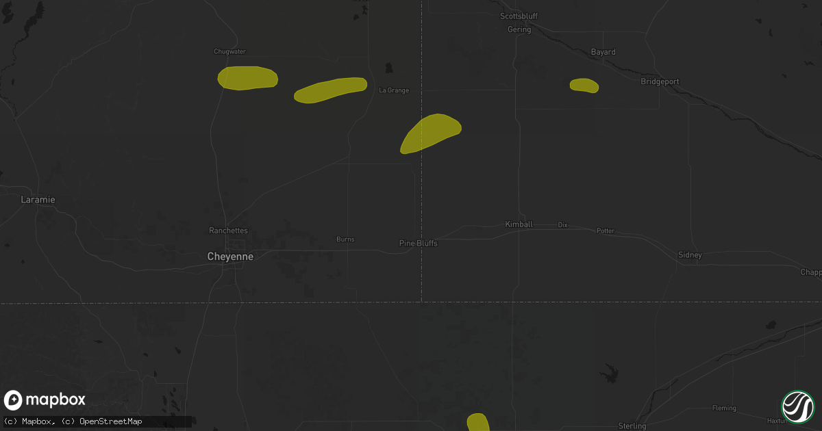 Hail map in Pine Bluffs, WY on August 16, 2026