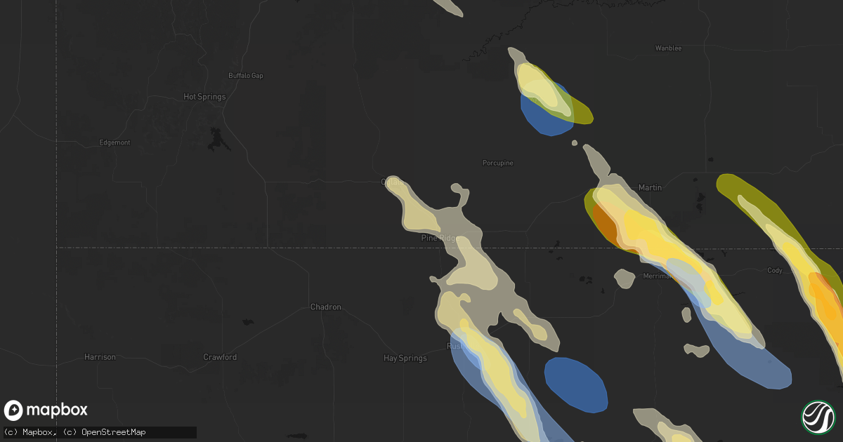 Hail map in Pine Ridge, SD on August 16, 2026