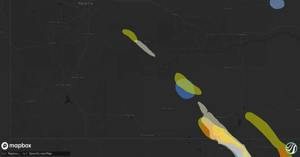 Hail map in Porcupine, SD on August 16, 2026