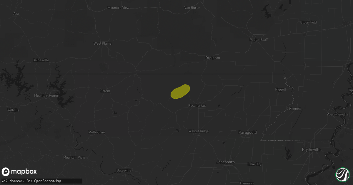 Hail map in Ravenden Springs, AR on August 16, 2026