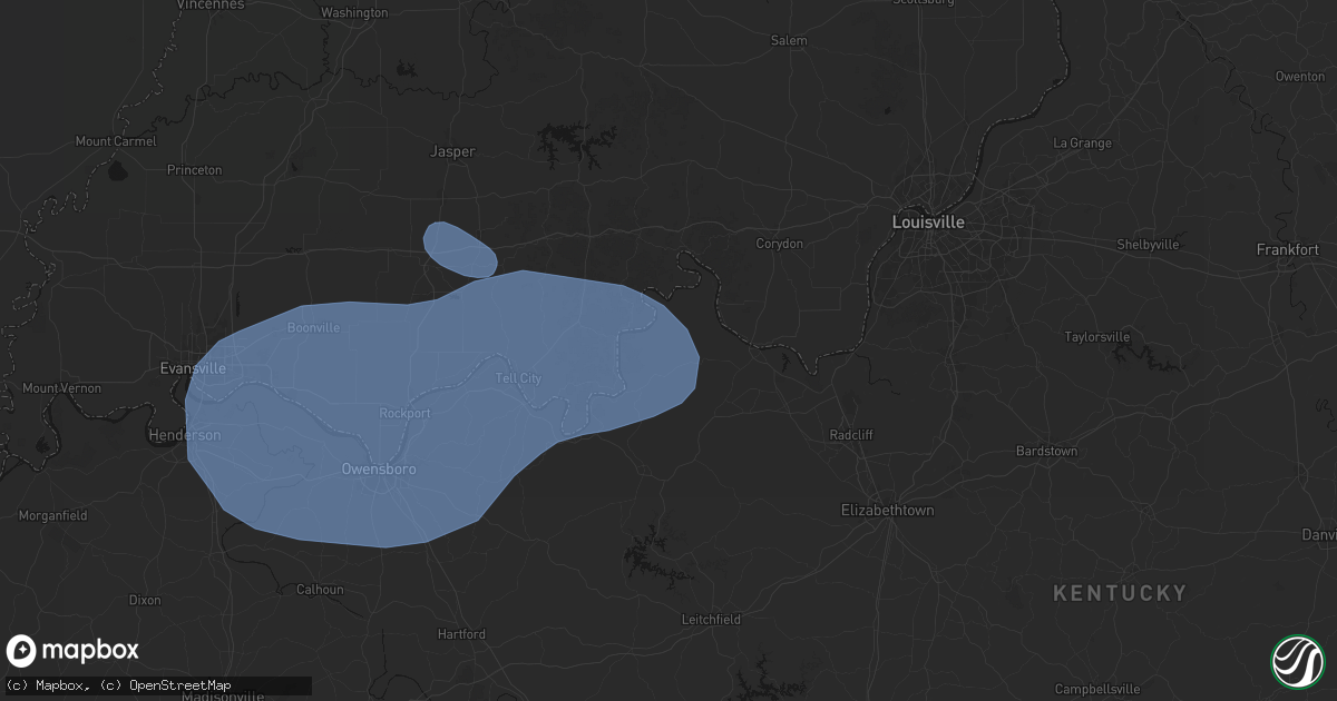 Hail map in Rhodelia, KY on August 16, 2026