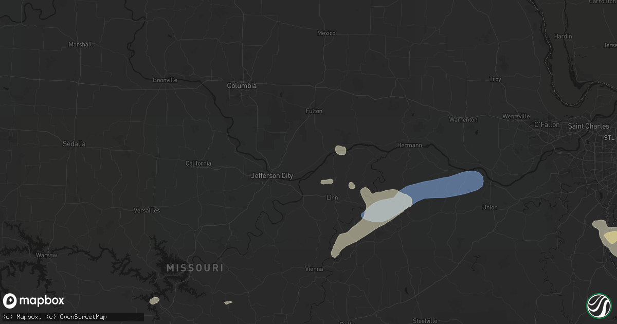 Hail map in Tebbetts, MO on August 16, 2026