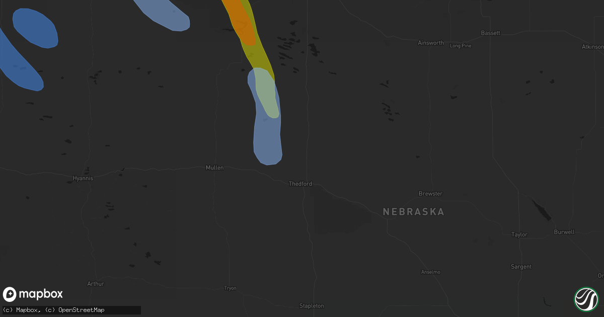 Hail map in Thedford, NE on August 16, 2026