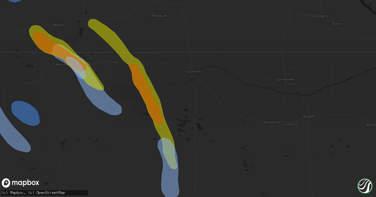 Hail map in Valentine, NE on August 16, 2026