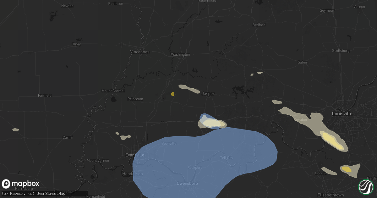 Hail map in Velpen, IN on August 16, 2026