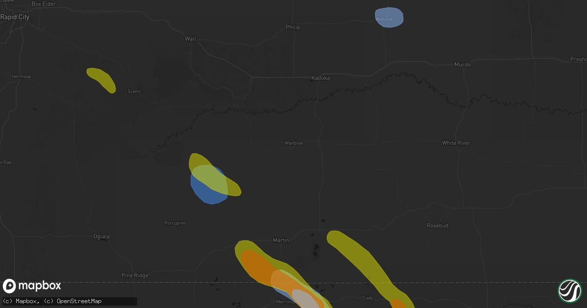Hail map in Wanblee, SD on August 16, 2026