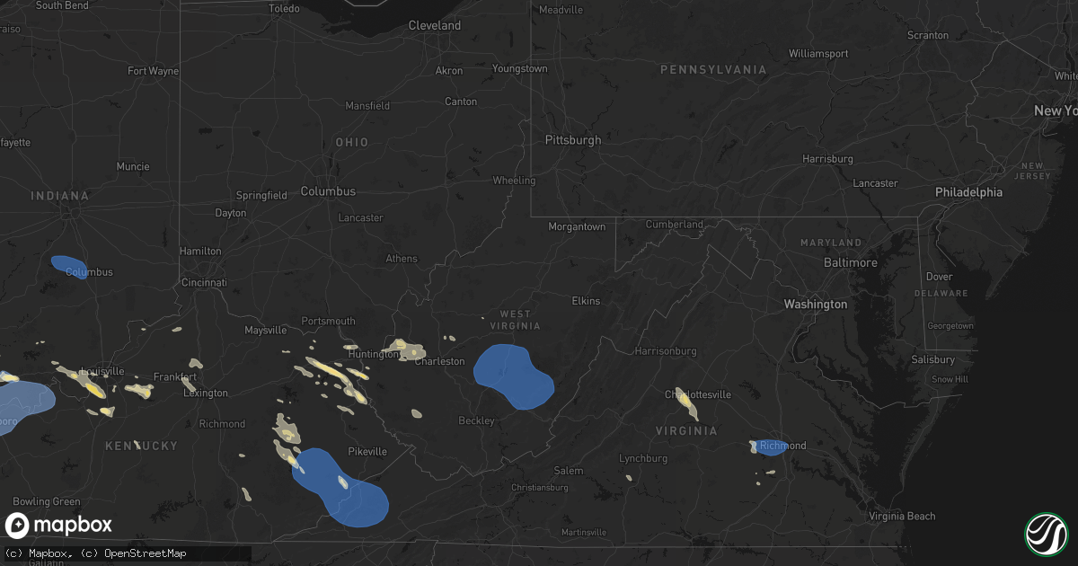 Hail map in West Virginia on August 16, 2026