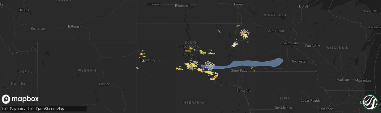 Hail map in South Dakota on August 17, 2019