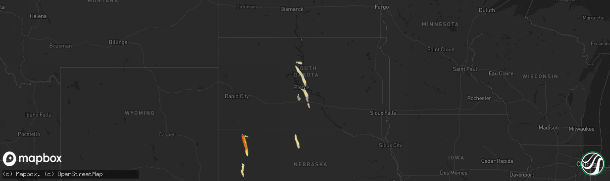 Hail map in South Dakota on August 17, 2020