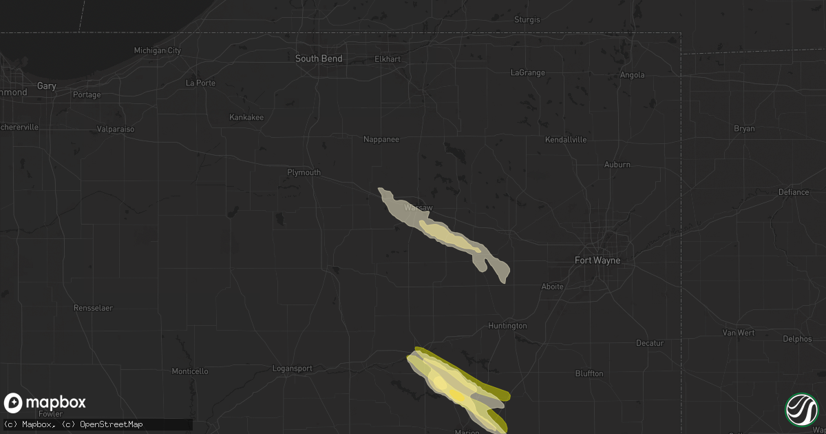 Hail map in Warsaw, IN on August 17, 2023