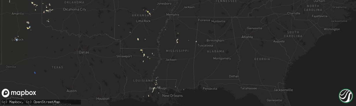Hail map in Mississippi on August 17, 2025
