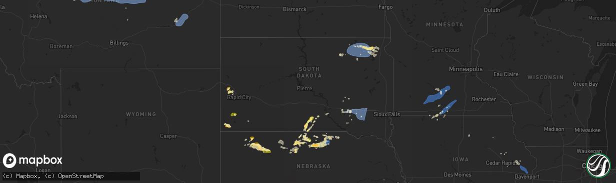 Hail map in South Dakota on August 17, 2025