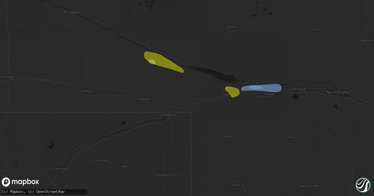 Hail map in Big Springs, NE on August 17, 2026