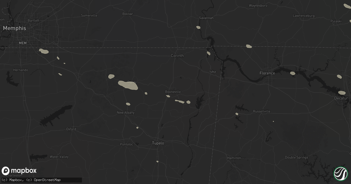Hail map in Booneville, MS on August 17, 2026