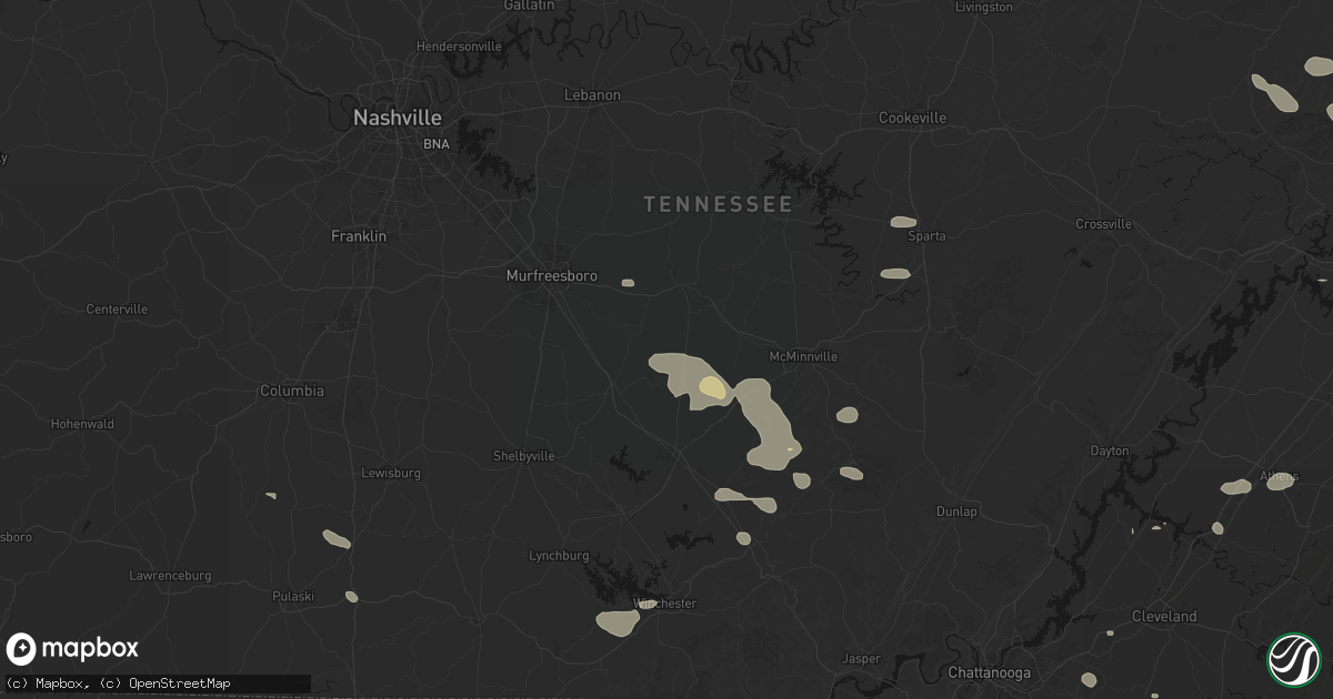 Hail map in Bradyville, TN on August 17, 2026