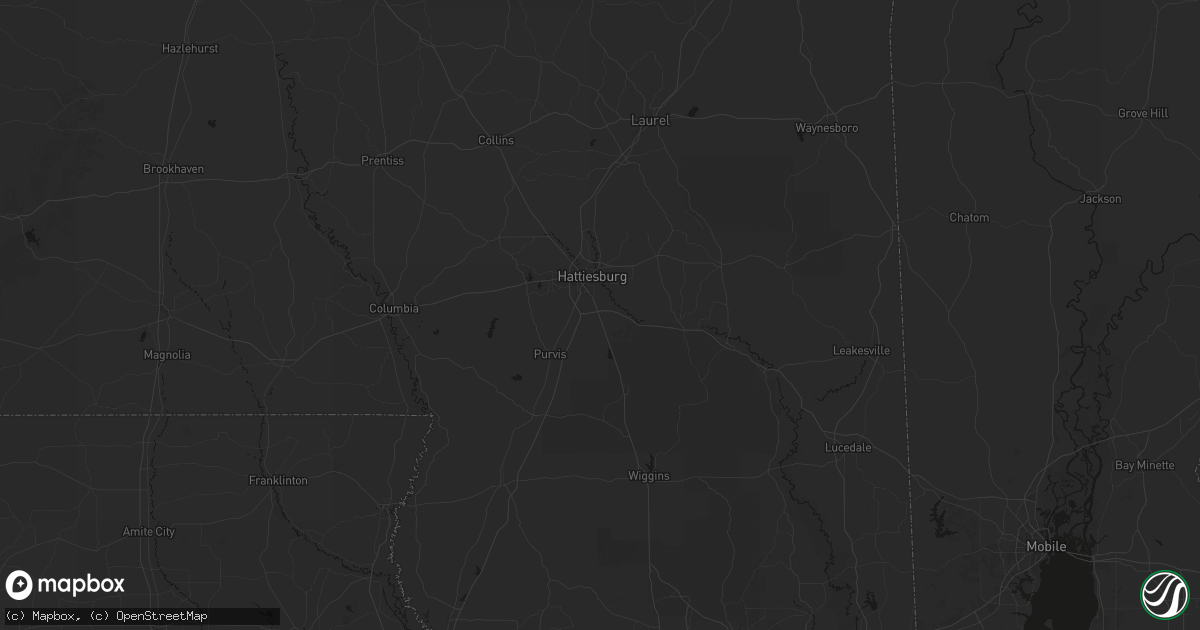 Hail map in Hattiesburg, MS on August 17, 2026