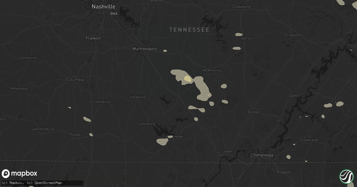 Hail map in Manchester, TN on August 17, 2026
