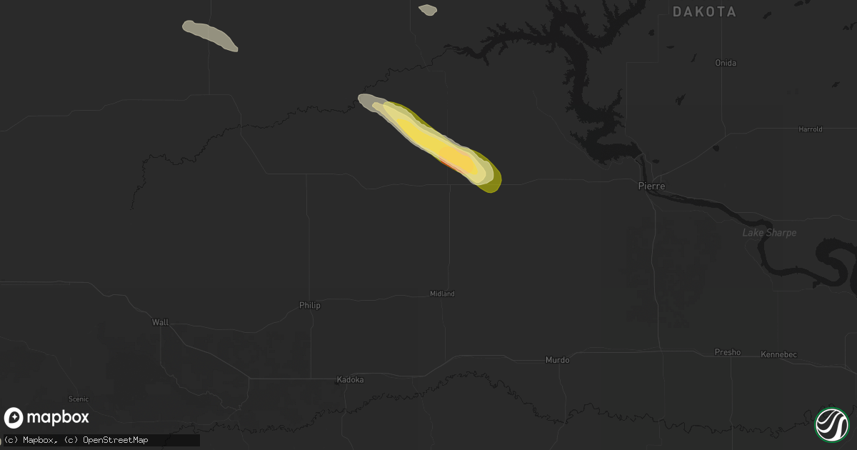 Hail map in Midland, SD on August 17, 2026