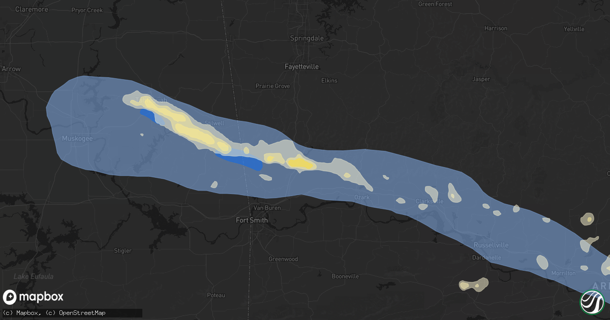 Hail map in Mountainburg, AR on August 17, 2026