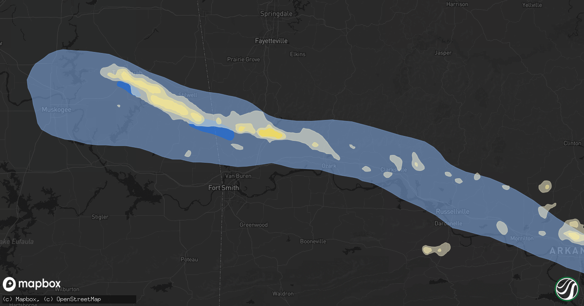 Hail map in Mulberry, AR on August 17, 2026
