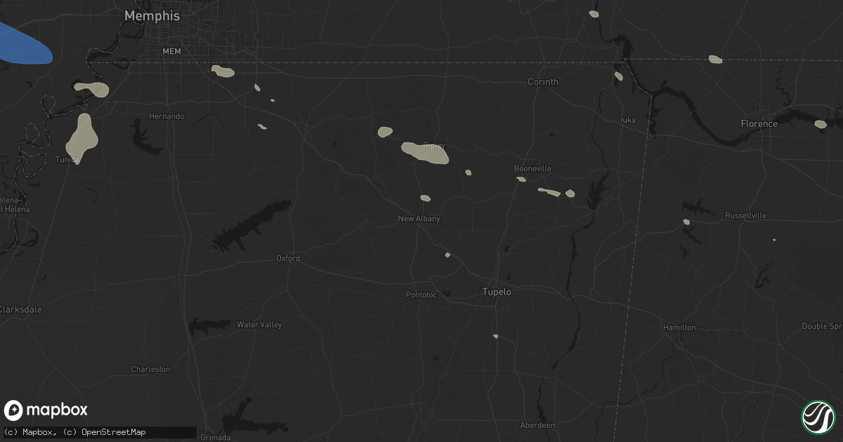 Hail map in New Albany, MS on August 17, 2026