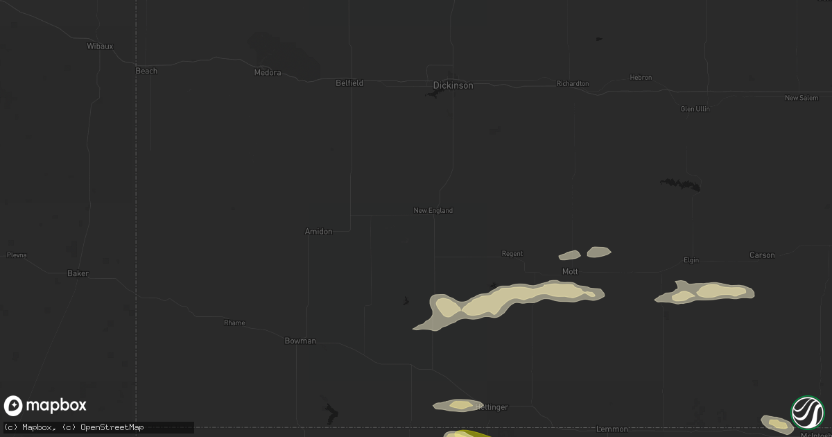 Hail map in New England, ND on August 17, 2026