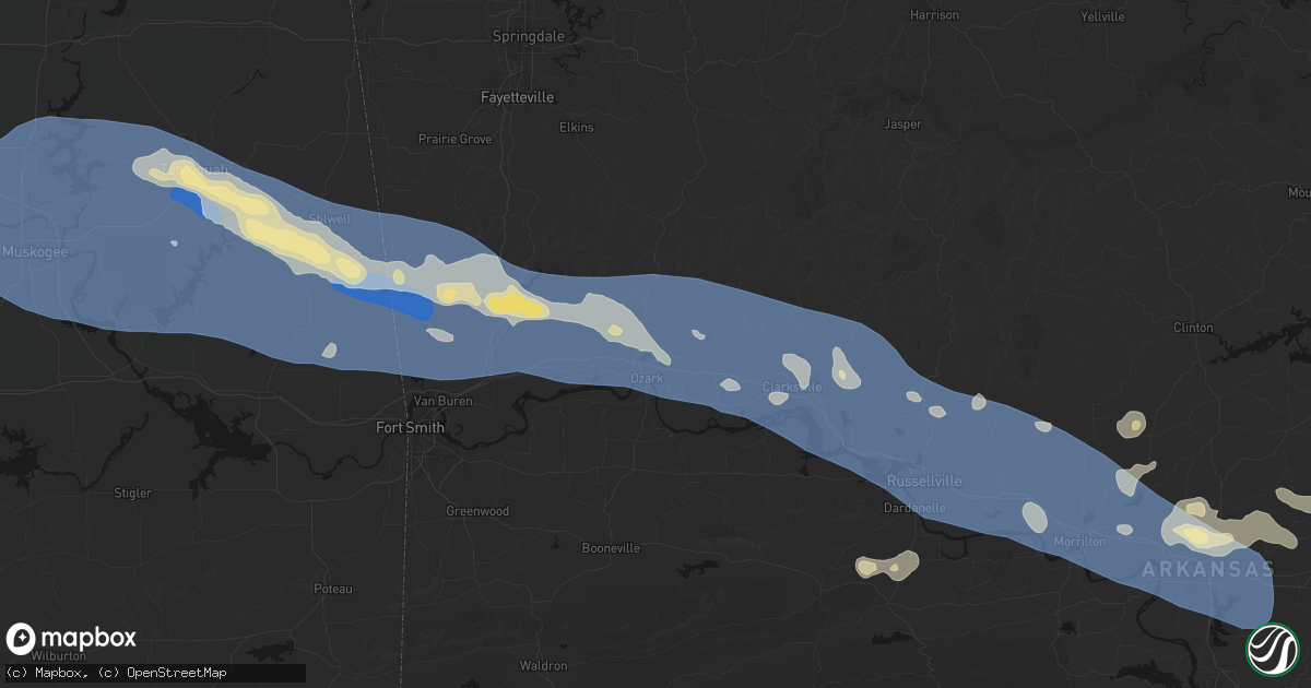 Hail map in Ozark, AR on August 17, 2026