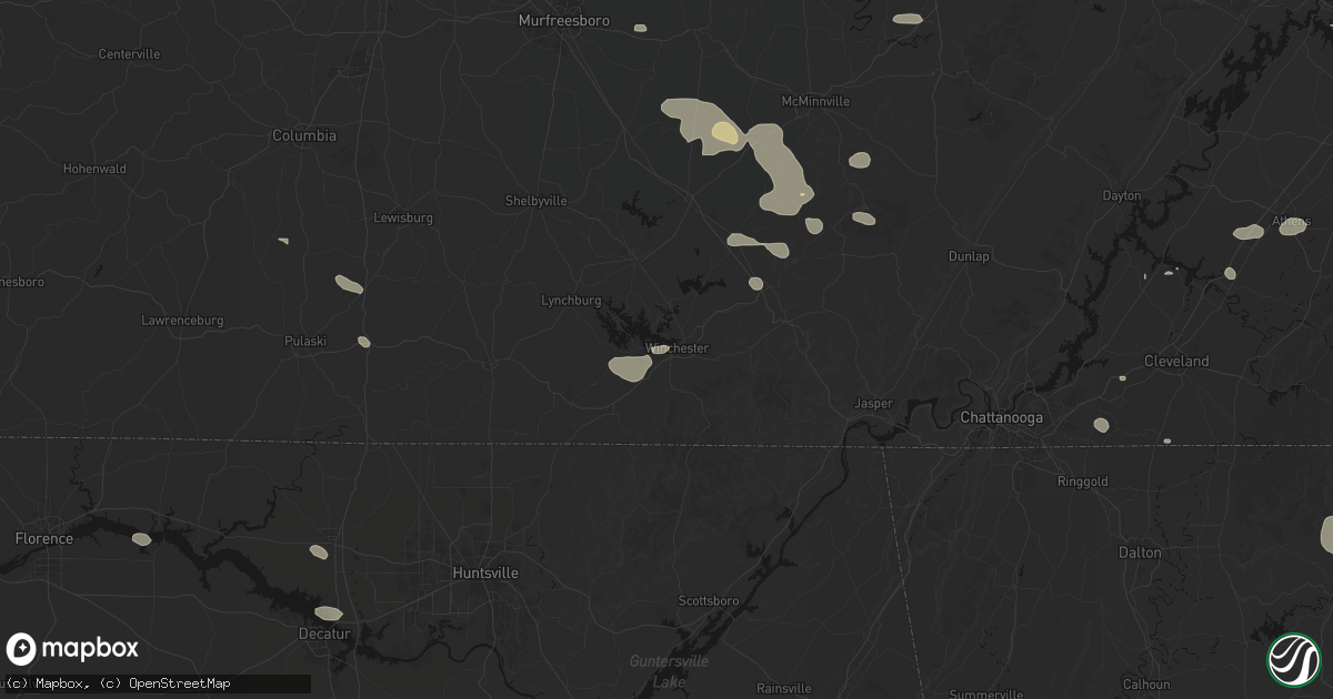 Hail map in Winchester, TN on August 17, 2026