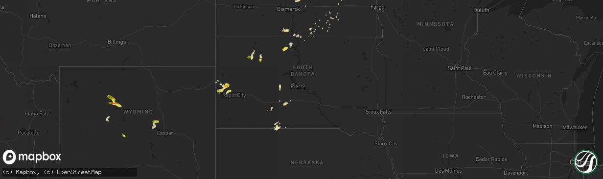 Hail map in South Dakota on August 18, 2018