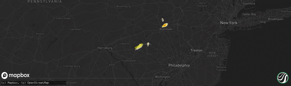 Hail map in Reading, PA on August 18, 2019