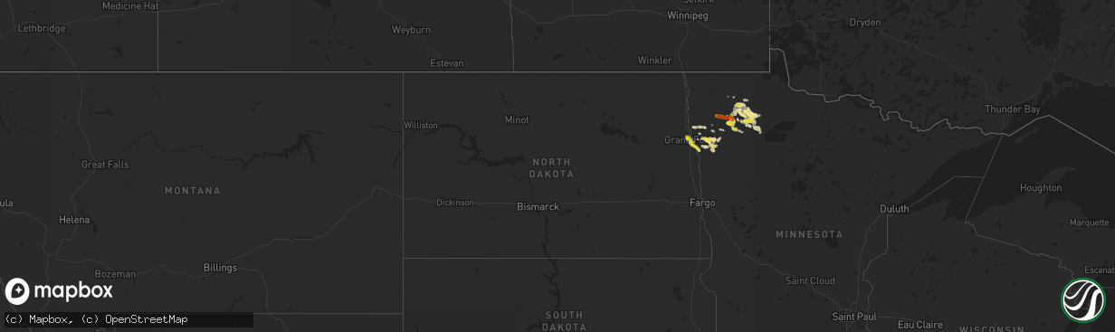 Hail map in North Dakota on August 18, 2020