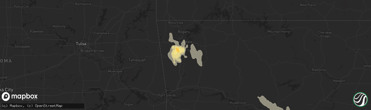 Hail map in Fayetteville, AR on August 18, 2024