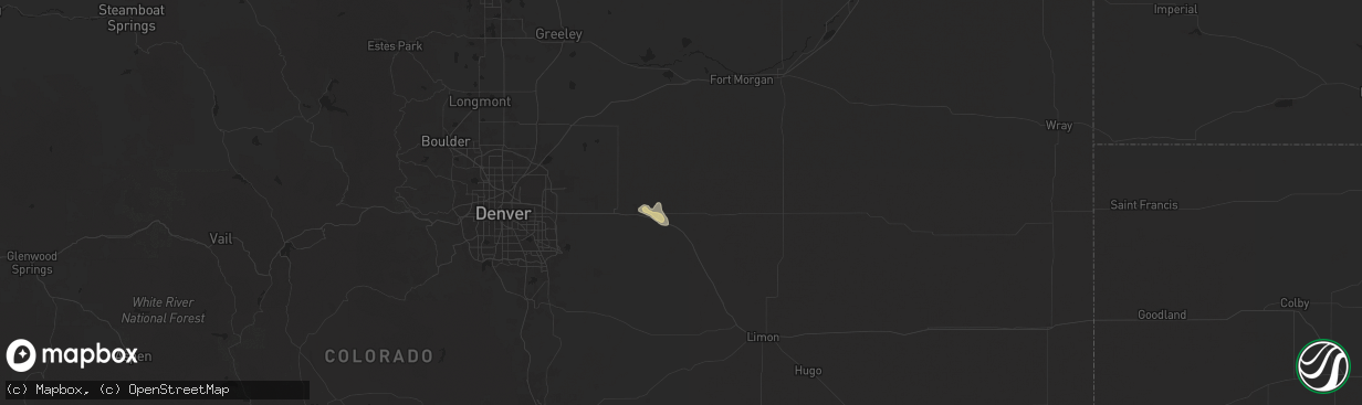 Hail map in Byers, CO on August 18, 2025