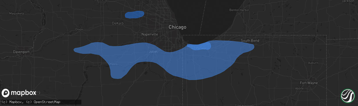 Hail map in Chicago Heights, IL on August 18, 2025