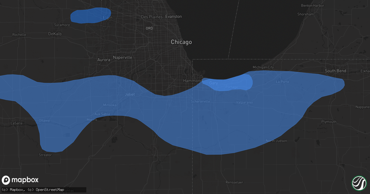 Hail map in Chicago Heights, IL on August 18, 2025