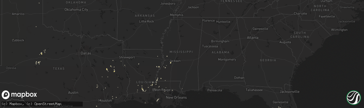 Hail map in Mississippi on August 18, 2025