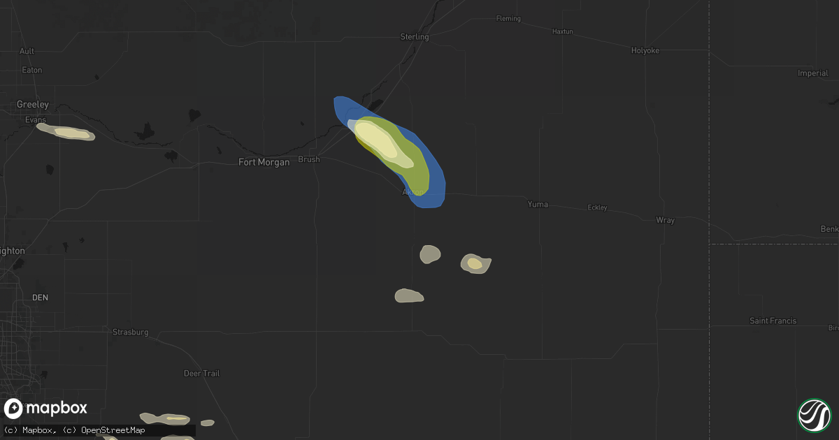 Hail map in Akron, CO on August 18, 2026