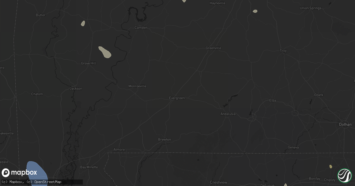 Hail map in Evergreen, AL on August 18, 2026
