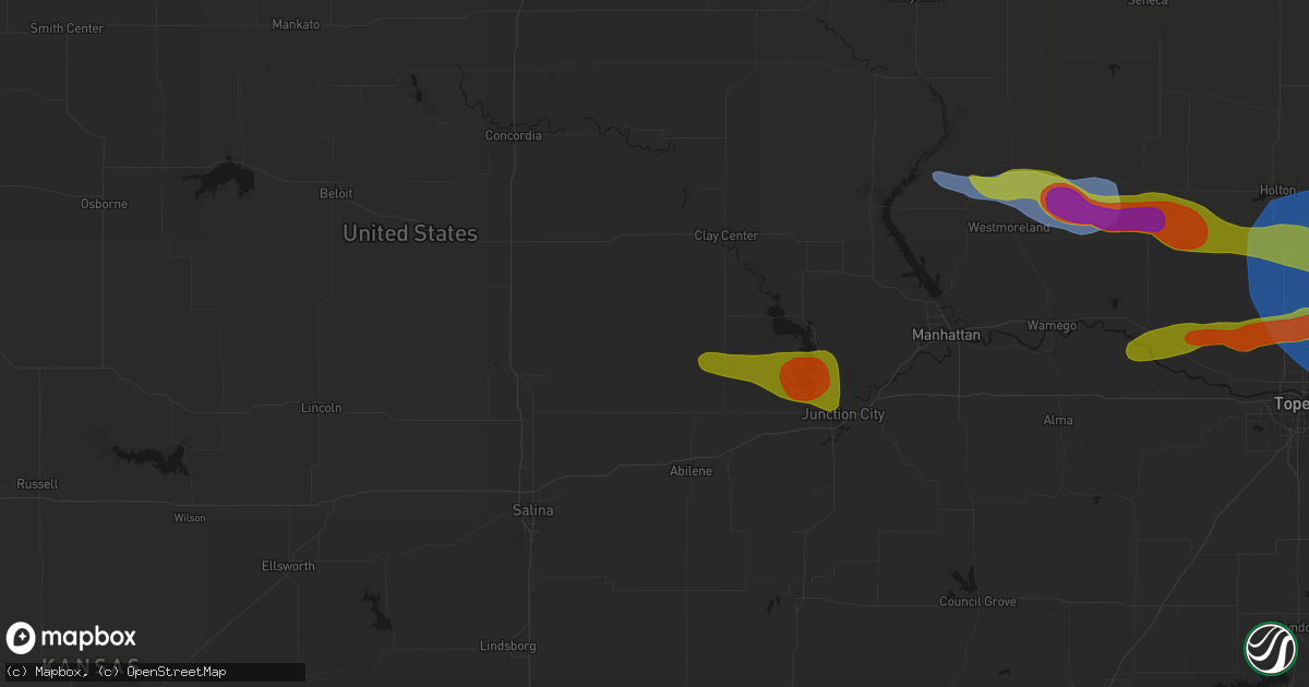 Hail map in Longford, KS on August 18, 2026