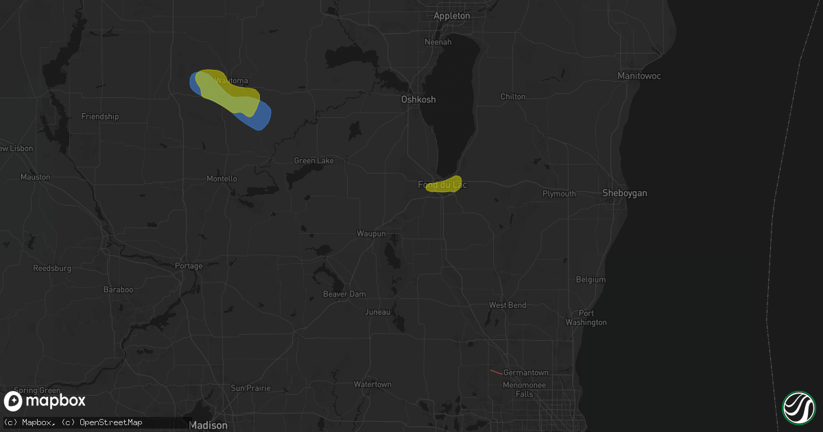 Hail map in Oakfield, WI on August 18, 2026