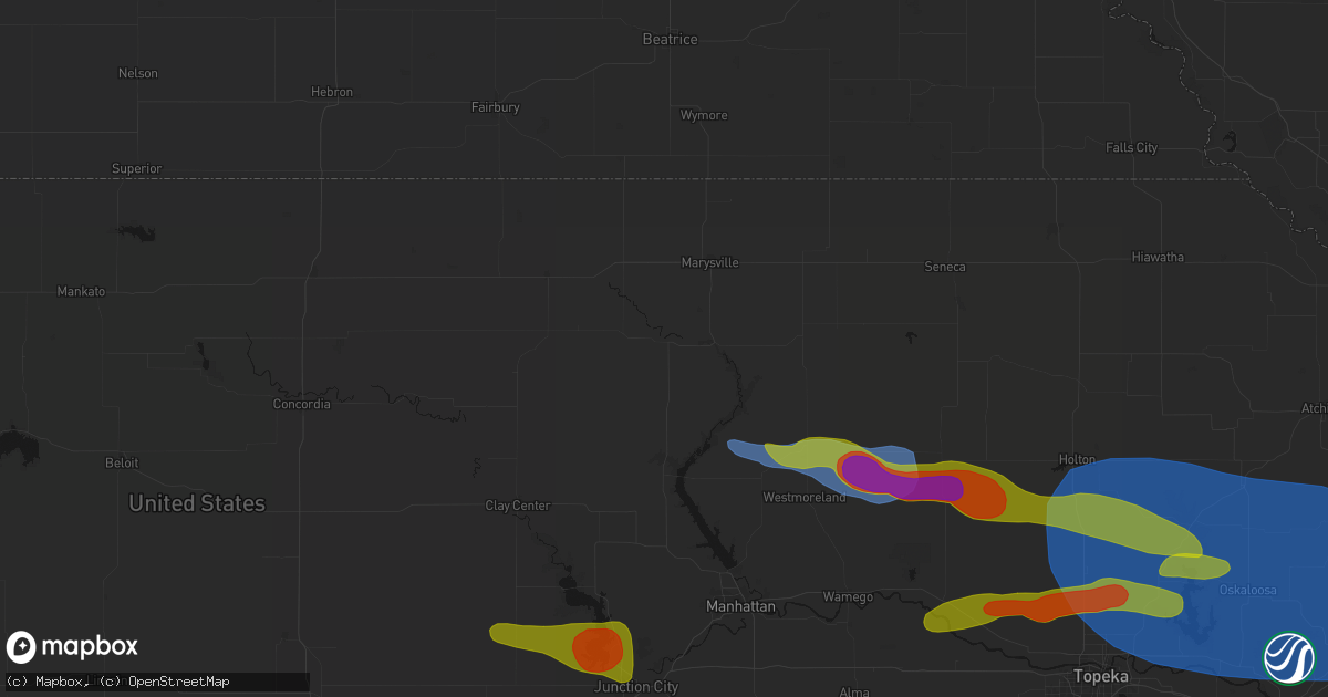 Hail map in Waterville, KS on August 18, 2026