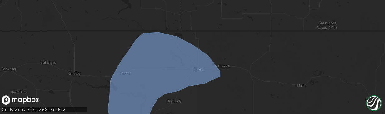 Hail map in Havre, MT on August 19, 2024