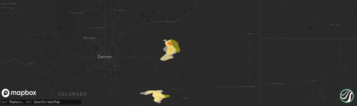 Hail map in Woodrow, CO on August 19, 2024