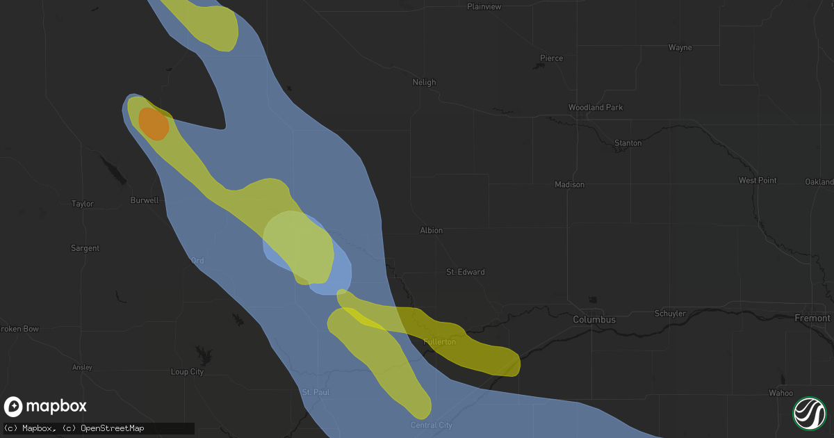Hail map in Albion, NE on August 19, 2026