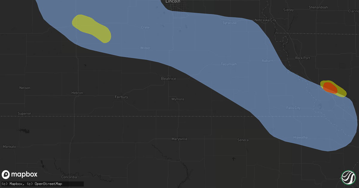 Hail map in Blue Springs, NE on August 19, 2026