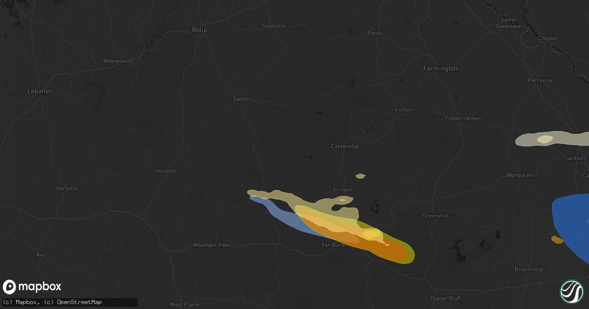 Hail map in Bunker, MO on August 19, 2026