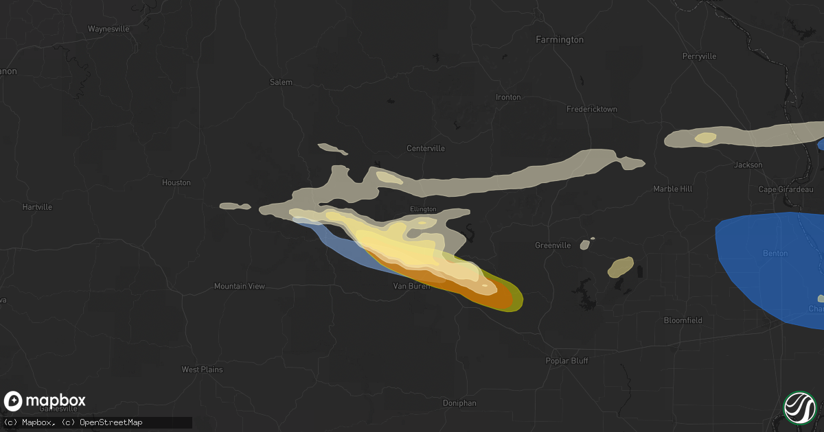 Hail map in Ellington, MO on August 19, 2026
