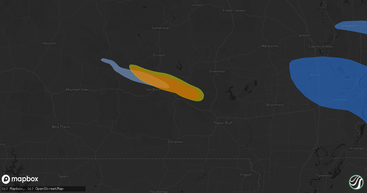 Hail map in Ellsinore, MO on August 19, 2026